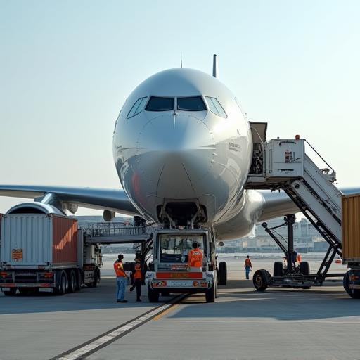International freight aircraft being loaded